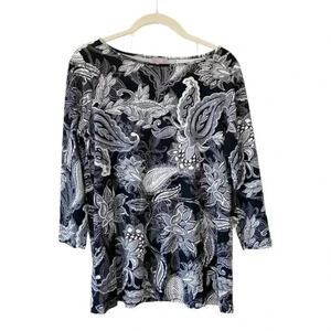 J. Jill Black White Floral Paisley Top Small Wearever Collection Stretch Casual